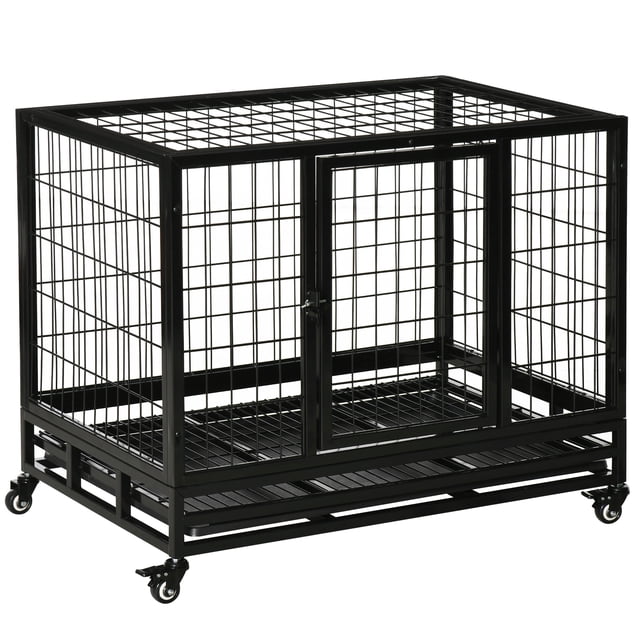 PawHut Cage pour Chien Robuste Crate pour Grands et Moyens Chiens avec un Cadre Métallique Noir Robuste et des Barres Soudées pour la Durabilité. Comprend une Porte avant et une Porte Supérieure avec Loquets Sécurisés, un Plateau Coulissant pour un Nettoyage Facile, et Quatre Roues Pivotantes Verrouillables pour la Mobilité. Convient aux Chiens jusqu'à 66 Lb, avec des dimensions de 36,2 Po de Longueur, 24,4 Po de Largeur et 27,2 Po de Hauteur.