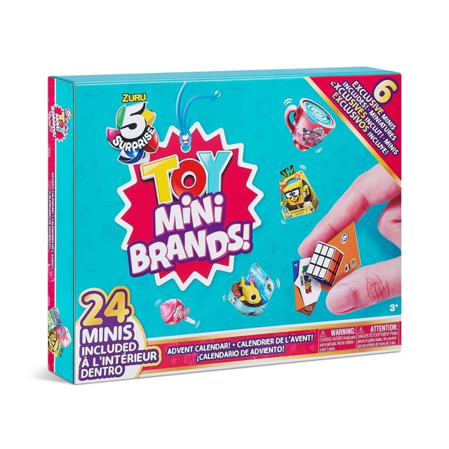 5 Surprise Toy Mini Brands Limited Edition Advent Calendar by Zuru in a turquoise box with colorful logo, featuring 24 surprise mini toys including 6 exclusive minis, with a hand holding a miniature Rubik's Cube and other tiny toy replicas on the packaging, suitable for indoor Christmas gift unboxing and collection building.