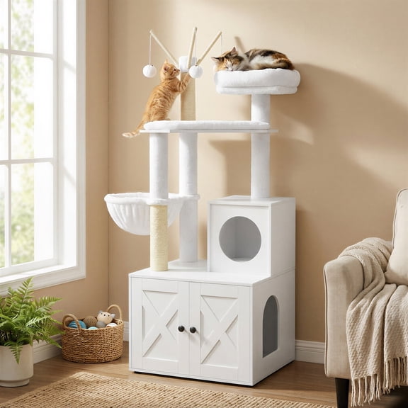 Feandrea Woodywonders Cat Tree with Litter Box Furniture Hidden Enclosure, 2-in-1 Modern Tower, Cat Condo with Scratching Posts, Removable Pompom Sticks