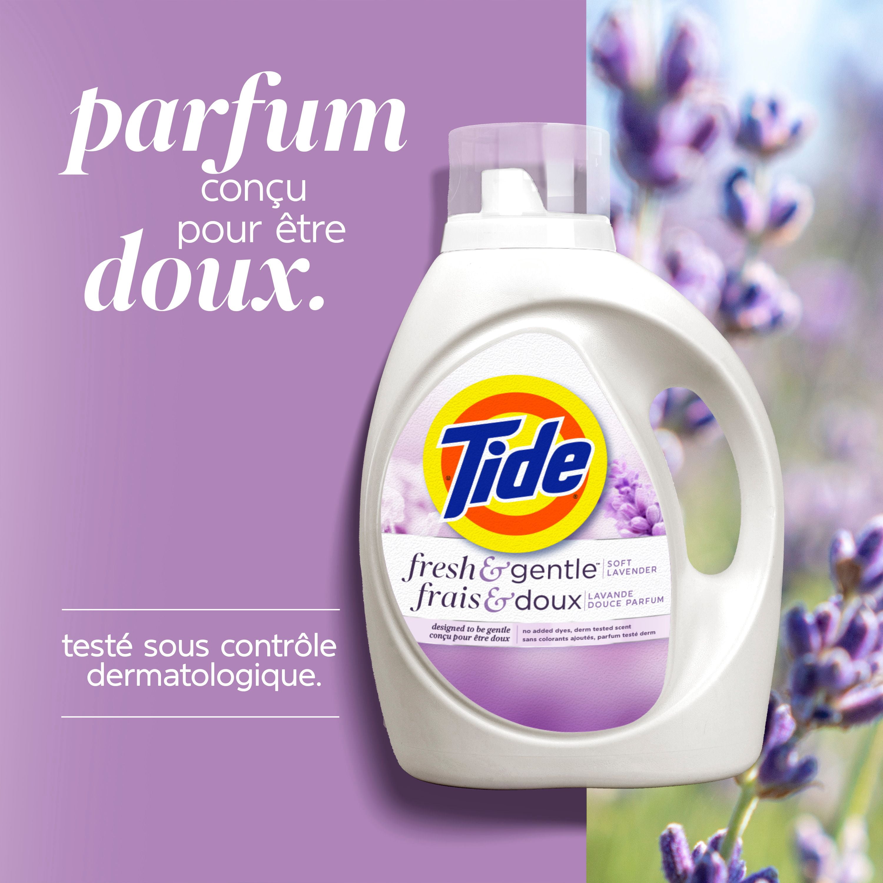 Tide Fresh & Gentle liquid laundry detergent, 100 Loads, Soft Lavender Scent, Gentle laundry soap with nature inspired freshness, Dermatologist tested, 100% free of added dyes and heavy perfumes
