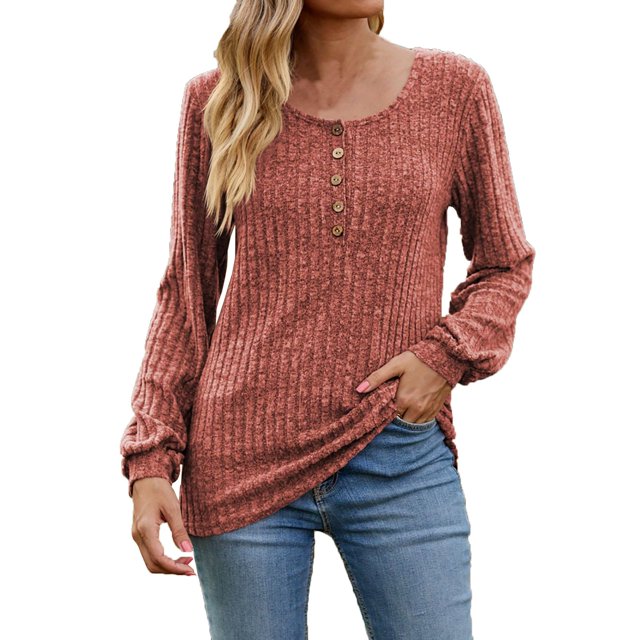 CEHVOM T-shirt à Manches Longues pour Femmes Col Rond Rayé Mat Couleur Unie avec Boutons en Solde