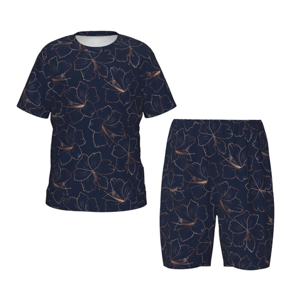 Daiia Copper-Gold Gloss Outline Lily Flower Print Children’s Cotton Pajama Set – Short-Sleeved Top & Shorts, Lightweight and Breathable Sleepwear, Cozy 2-Piece PJs for Kids-X-Large