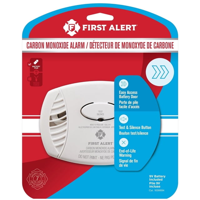 First Alert CO400A Carbon Monoxide Detector, battery operated, shown in retail packaging with a white rectangular alarm featuring a test and silence button, side ventilation slats, and safety warnings. Packaging highlights easy access battery door, end-of-life warning, and includes a 9V battery. The bilingual red and blue packaging displays English and French text.