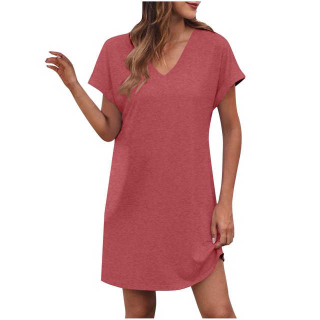 LOVZFMLL Robes d'Été pour Femmes T-Shirt Décontracté Ample Robe Droite Col en V Manches Courtes Basique Tenues Quotidiennes Rouge m