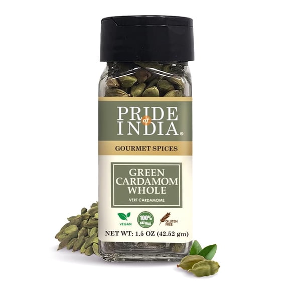 Pride of India | Green Cardamom Whole 1.5 oz (43 gm) Small Dual Sifter Bottle | Gourmet & Aromatic Spice | Flavoring agent for bakes/teas/drinks | Full Bodied Green Pods