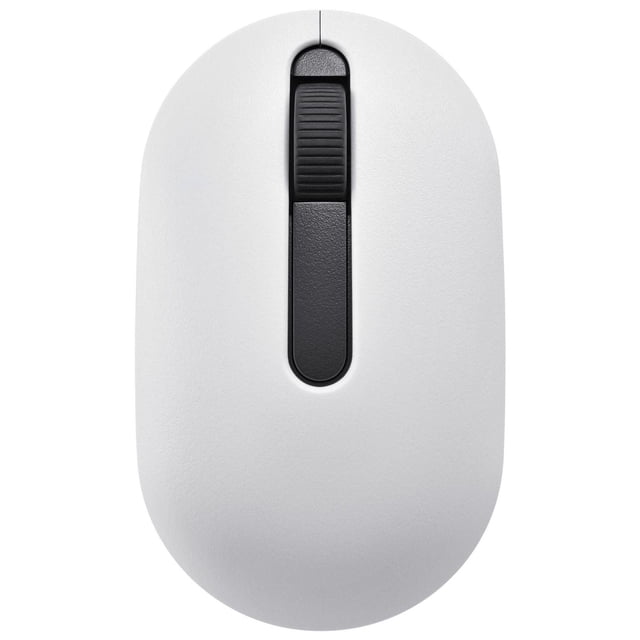 onn. 100095958 Wireless Compact 3-Button Travel Mouse in white with a smooth matte finish, featuring a centered black scroll wheel and two black buttons, designed for wireless laptop navigation and travel convenience.