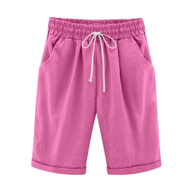 Pisexur Womens Shorts Solid Color Linen Shorts Adjustable Drawstring Elastic Waist Short Pants Summer Casual Knee Length Shorts Fashion Loose Oversized Bermuda Shorts with Pockets,S-5XL