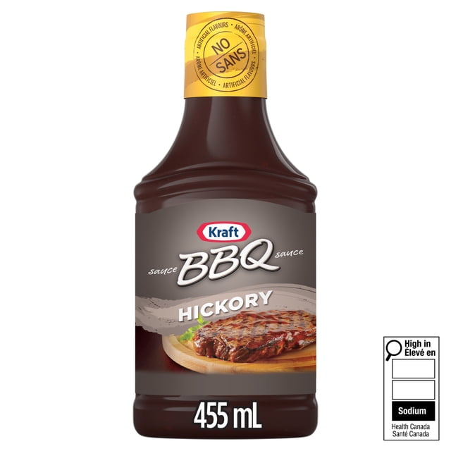 Kraft Sauce BBQ au Hickory Bouteille de 455 ml avec Sauce barbecue Épaisse et Riche à Saveur de Hickory, Sans Caséine et Sans Arômes Ni Agents de Conservation Artificiels, Idéale pour Grillades et Marinades de Viandes, avec une Étiquette Jaune Indiquant Aucun Arôme Artificiel.