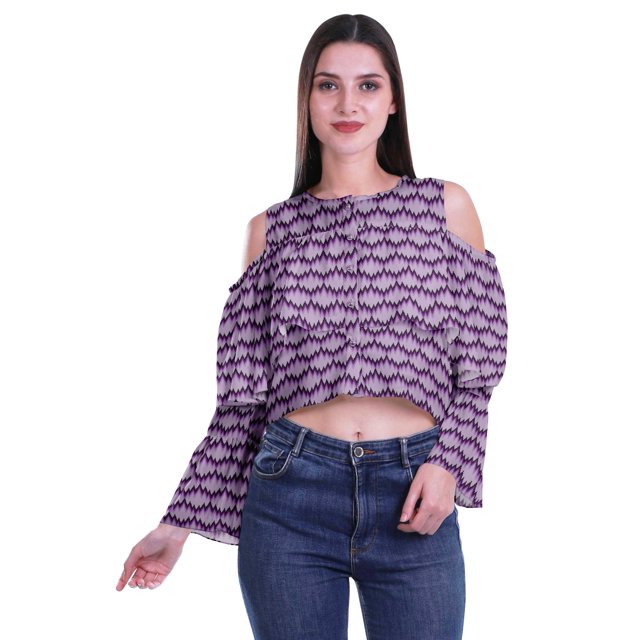 Moomaya Button Front Cold Shoulder Top Printed Casual Loose Blouse Short Top