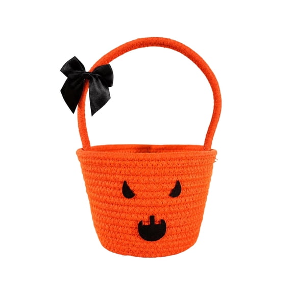 Woven Pumpkin Halloween Candy Storage Basket Lightweight Portable Rope Material for Trick or Treat Party Home Halloween Decoration