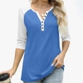 thumbnail image 4 of T-shirts pour Femmes T-Shirt Raglan à Boutons pour Femmes à Col en V à Manches Trois Quarts à Manches 3/4 Haut Ample Bleu P, 4 of 9