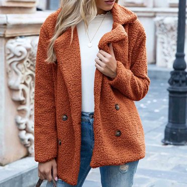 EGNMCR Womens Long Sleeve Jacket, Long Sleeve Hoodless Casual Outwear & Jackets Womens Ladies Warm Jacket Winter Solid Turn Coat Down Collar Lambswoo Outerwear Women Coat