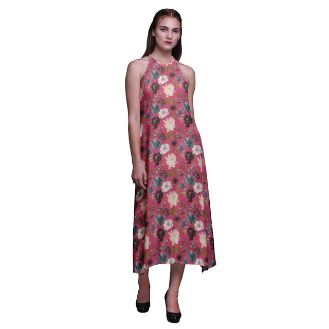 Bimba Robe de Plage d'Été pour Femme, Dos Nu, Col Licou, Soirée, Medium à Fleurs