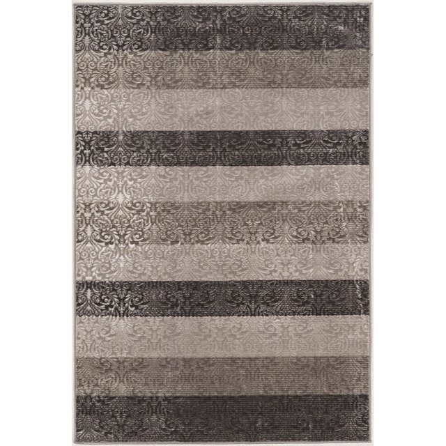 Evolution Tapis à Rayures Damassées 8 Pi x 10 Pi 3 Po en Gris et Noir avec Rayures Horizontales Mettant en Vedette un Motif Damassé à Hauteurs Multiples Créant un Effet Texturé Asymétrique, Fabriqué en polyester avec Bords Dentelés pour un Entretien Facile, Idéal pour les Grandes Pièces Ou les Espaces à concept Ouvert et Souvent Utilisé comme Tapis d'Accent Décoratif.
