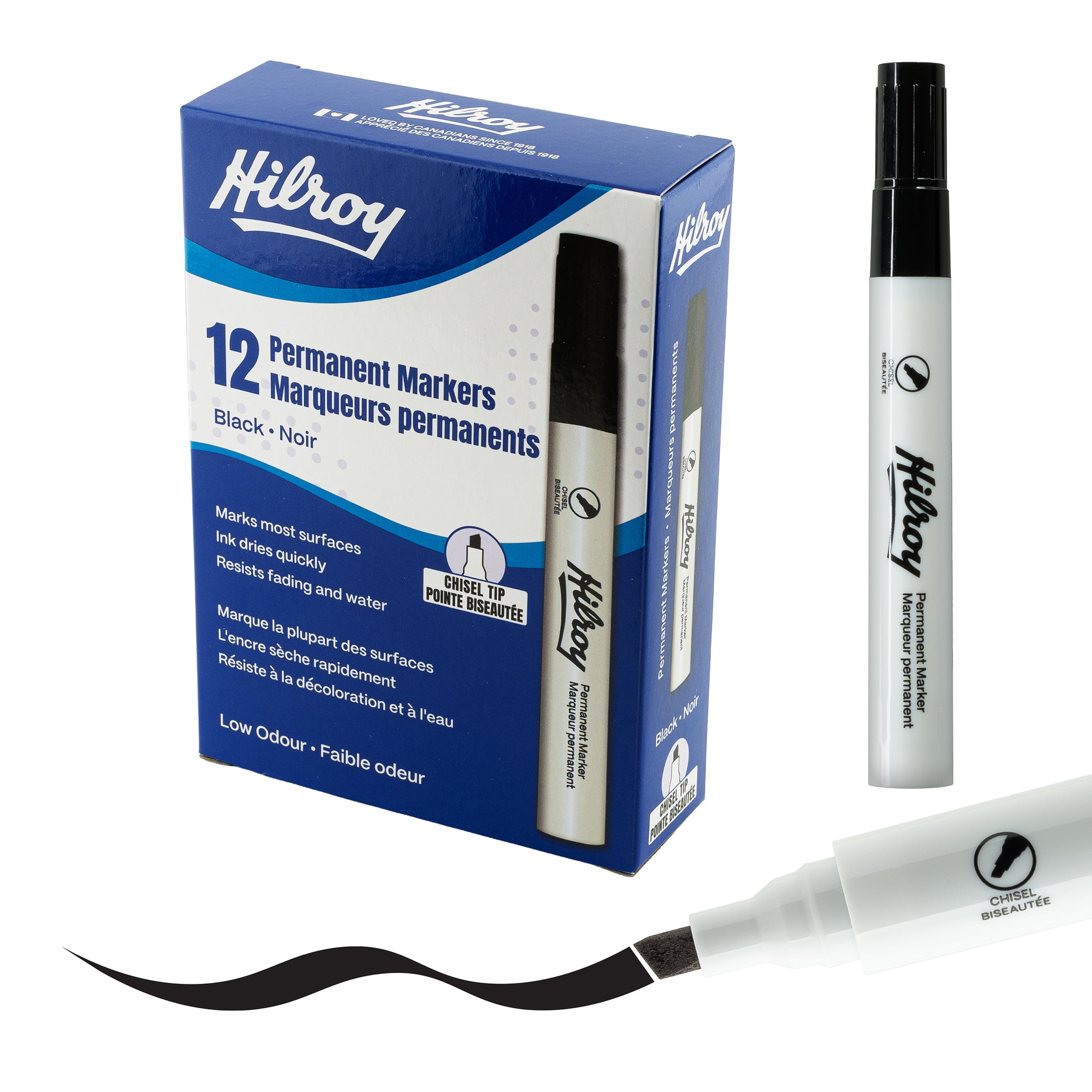 Hilroy Permanent Markers, Permanent Marker, Low Odour Ink, Chisel Point, Black, 12 Pack
