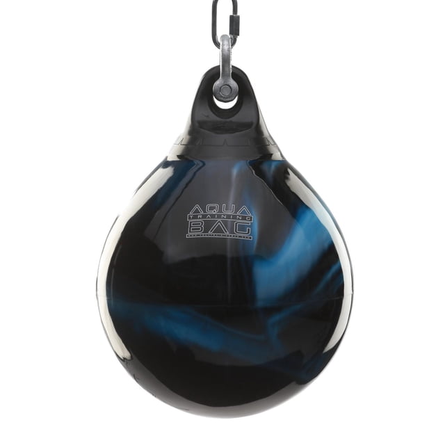 15" 75lb. ATB Training Bag - Bad Boy Blue with teardrop shape and black-blue marbled vinyl surface hanging by metal shackle, designed for boxing, kickboxing, and MMA training, also suitable for portable fitness workouts.