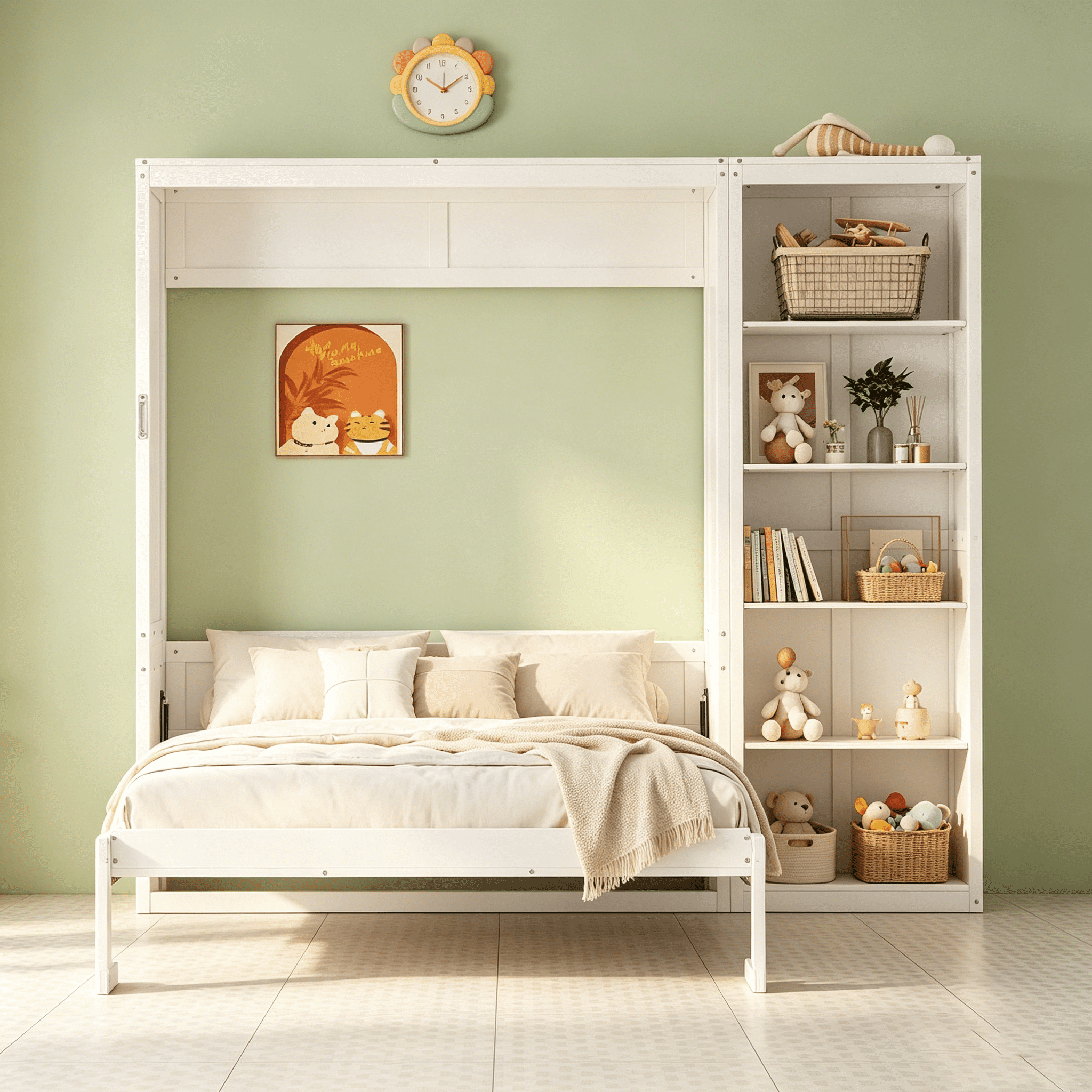 Homy Casa lit escamotable double avec étagères de rangement, blanc
