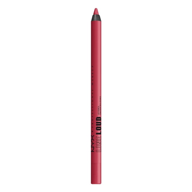 NYX PROFESSIONAL MAKEUP Line Loud Waterproof Lip Pencil in vibrant red with matte finish, slim cylindrical lip liner pencil featuring black branding text and pointed tip, designed for smooth, longwear lip shaping and precise application, shown upright on white background.