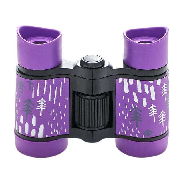4X30 Binoculars Shockproof Rubber Mini Lightweight for Kids with a purple design featuring tree patterns, durable rubber coating for shock absorption, and adjustable focus. Ideal for children's optics, outdoor exploration, bird watching, and camping activities.