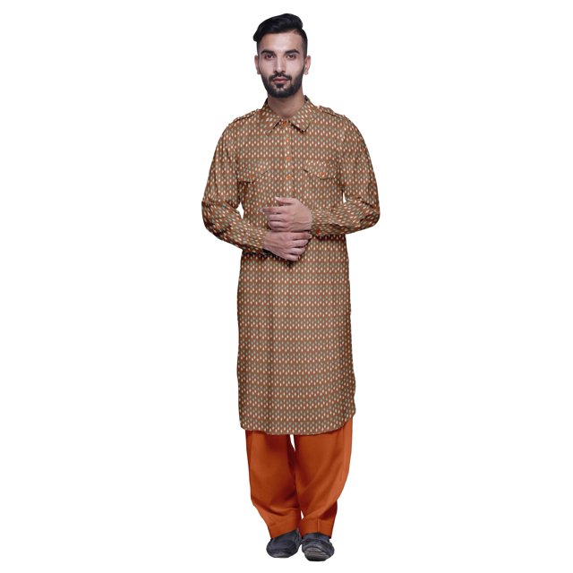 Atasi Printed Rayon Pathani Kurta With Solid Salwar For Mens Party Wear