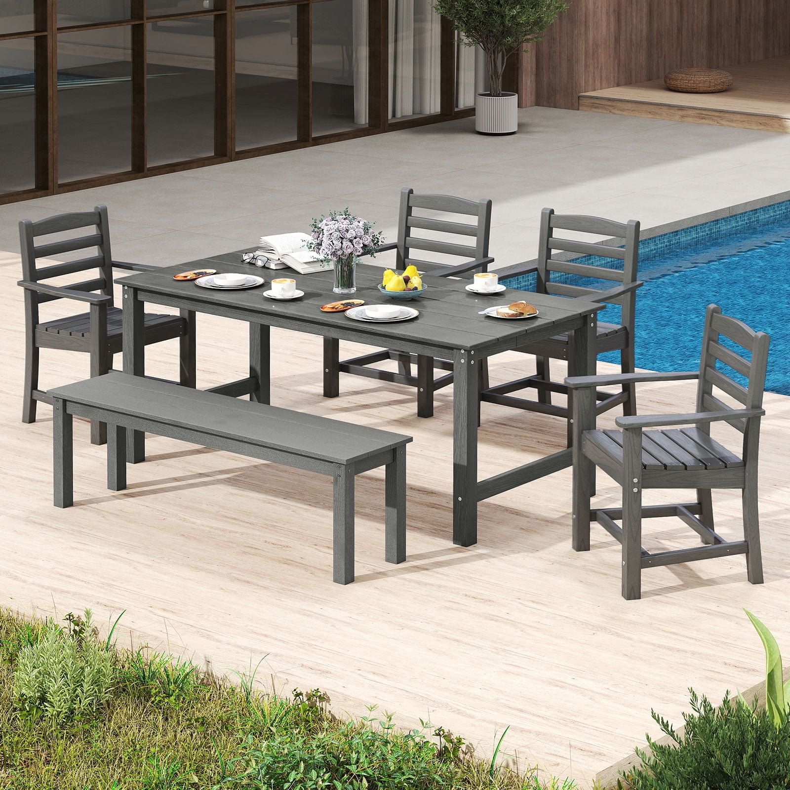 Gymax Ensemble de Salle à Manger de Patio 6 Pcs Banc Extérieur HDPE Résistant aux Intempéries Table et Chaises Gris