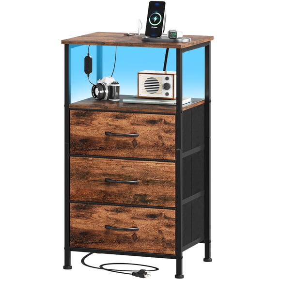 Eunos Table de Nuit à 3 Tiroirs avec Station de Recharge, DEL et Tablette Ouverte pour Chambre, Fini Grain de Bois
