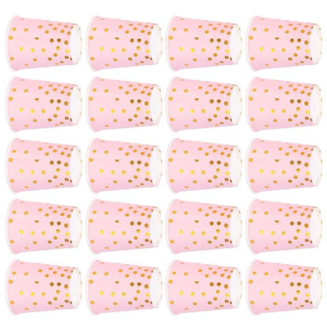 Disposable hot cups by Ymiko, featuring a pink background with elegant golden polka dots. These paper cups, measuring approximately 8.3 x 7.3 x 7.3 cm (3.3 x 2.9 x 2.9 in), are suitable for coffee, tea, water, and party decorations. The set includes 20 disposable cups, ideal for birthdays, engagements, graduations, and other festive occasions. Designed for single use, they offer convenience and environmental friendliness.