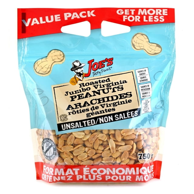 Roasted Jumbo Virginia Peanuts Unsalted in a 750g resealable value pack bag by Joe's Tasty Travels, featuring clear packaging with visible peanuts and bilingual English-French text highlighting no salt added and nutritional benefits like energy and potassium, suitable for healthy snacking and sharing.