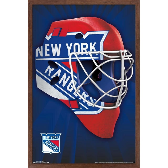 NHL New York Rangers - Mask 16 Wall Poster, 22.375" x 34" featuring a front-facing red and blue hockey goalie mask with the New York Rangers logo and silver metal cage on a dark blue radial background with a wooden frame, perfect for sports-themed wall art and home décor.