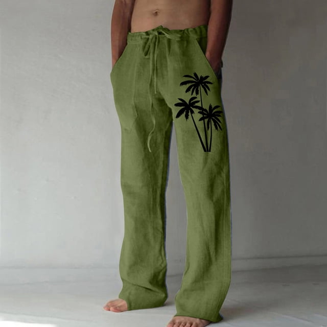 cllios Cotton Linen Pants for Men Palm Tree Tropical Print Beach Pants Regular Fit Elastic Waisted Drawstring Lounge Trousers with Pockets Lightweight Breathble Beachwear