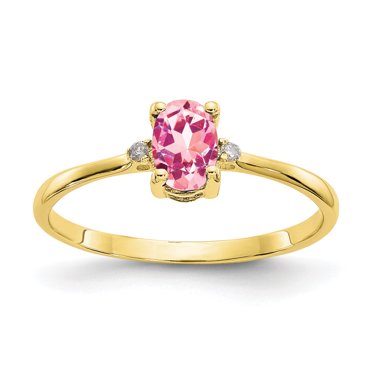 Bague en Or Jaune 10K Polie avec Diamant Geniune et Pierre de Naissance en Tourmaline Rose