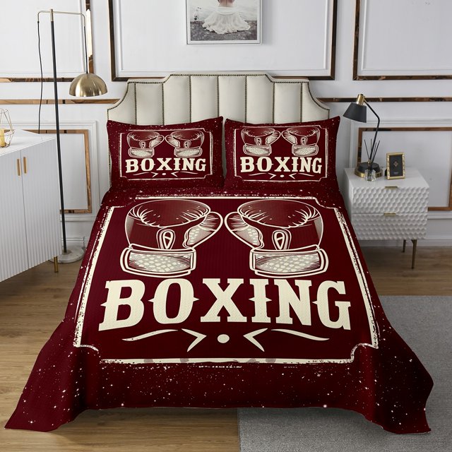 Boxing Quilt Set Boxing Gloves Bedspread Set King,Fighting Competition Coverlet Set Pugilism Game Quilted,Sports Game Room Decor