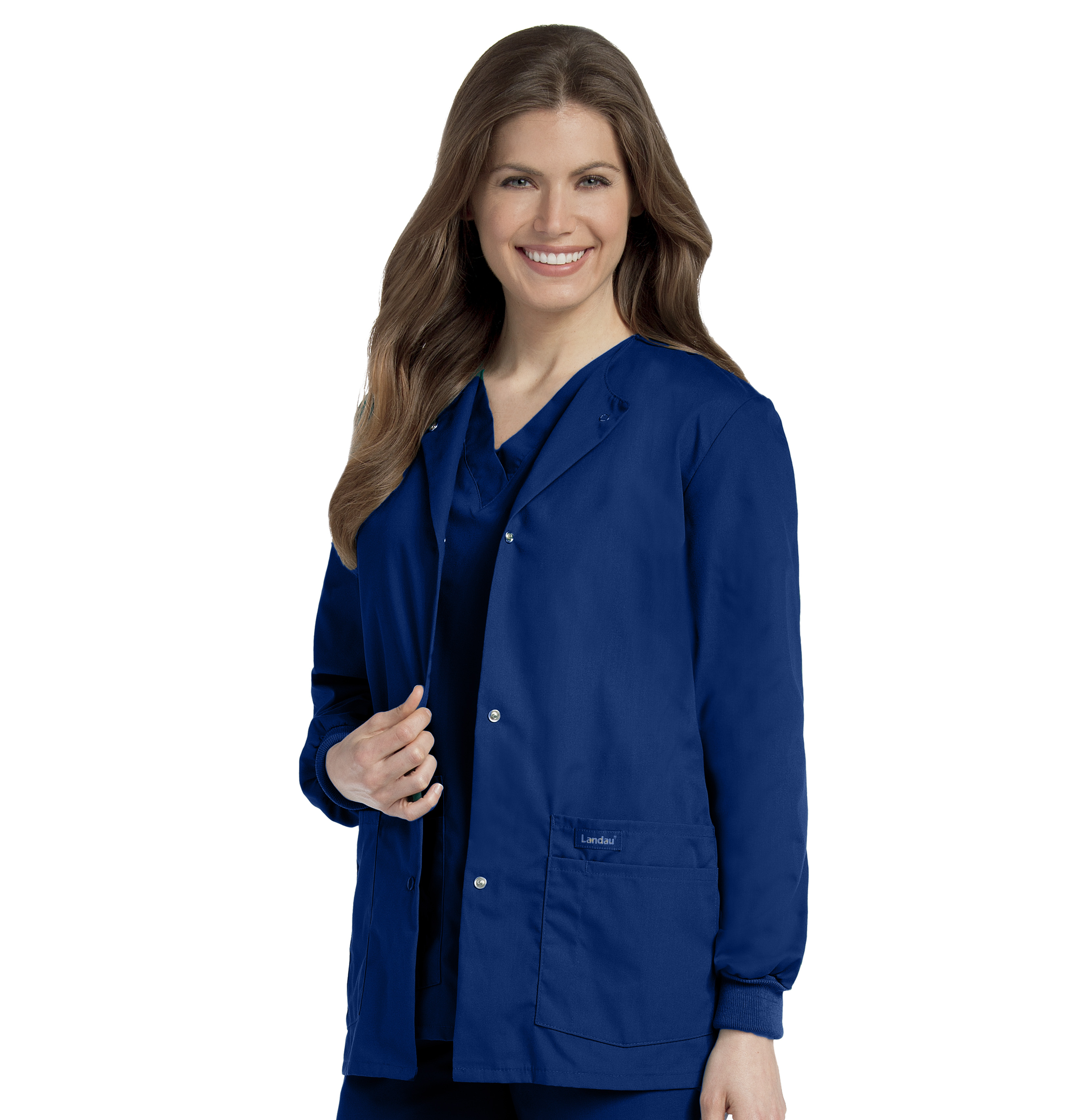 Landau Essentials Women's Classic Relaxed Fit 4 Pocket Crew Neck Scrub Jacket