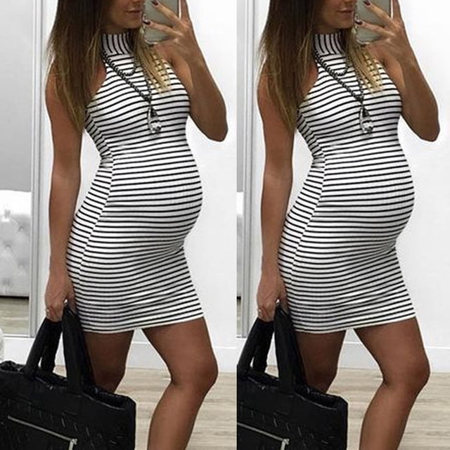 TIMIFIS Robe Débardeur de Maternité pour Femme à Rayures Sans Manches Mini Robe Moulante Quotidienne Robe d'Été Décontractée Col Rond Vêtements pour Maman - Printemps/été