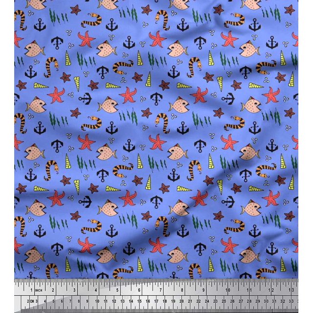 Soimoi Poly Georgette Fabric Anchor Hook,Shell & Starfish Ocean Fabric Prints by Yard 42 Inch Wide