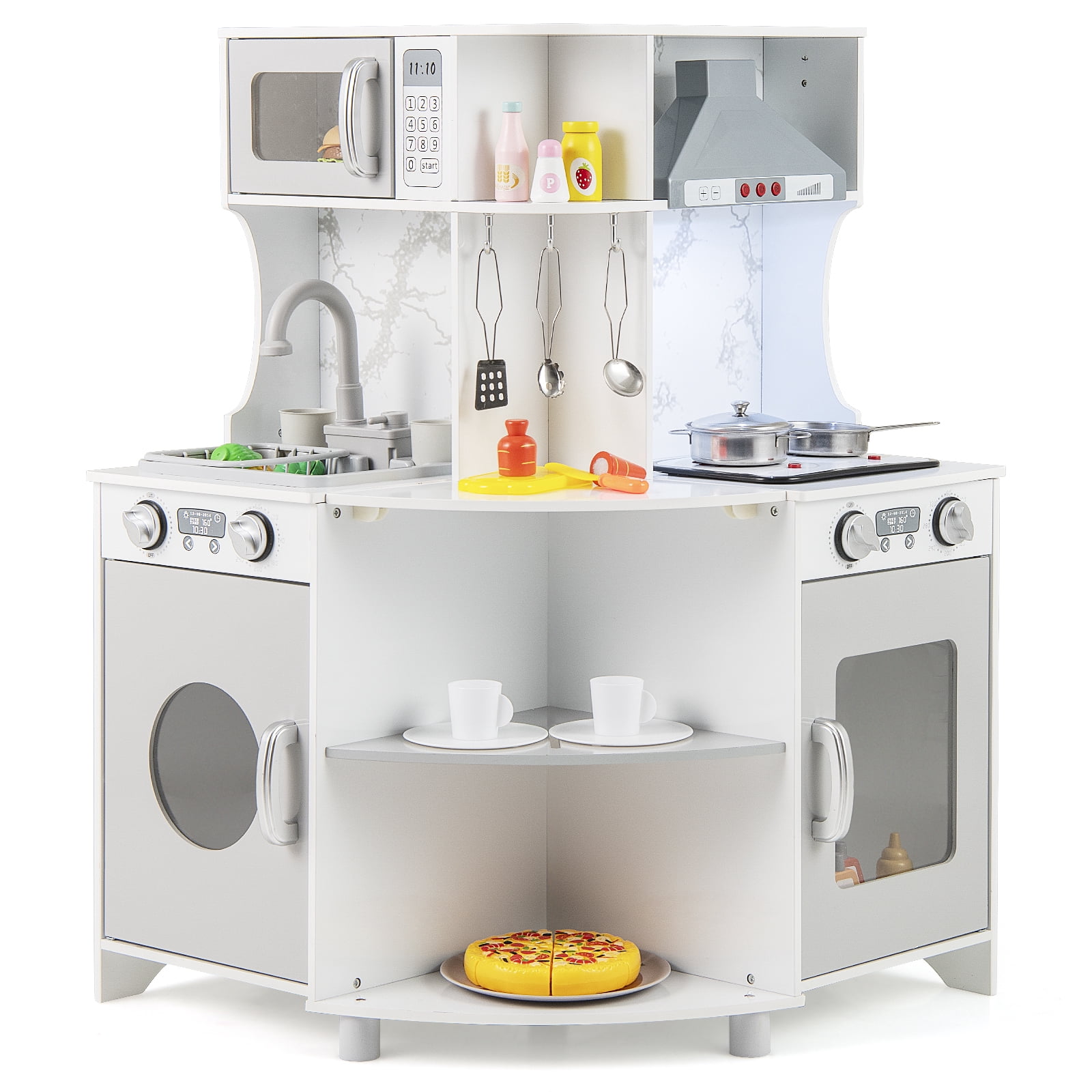 Gymax Corner Wooden Play Kitchen Kids Kitchen Playset w/ Microwave Range Hood Gift