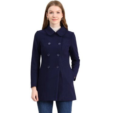 INSPIRE CHIC Manteau Caban Long d'Hiver à Double Boutonnage pour Femme à Col Peter Pan m Bleu Marine
