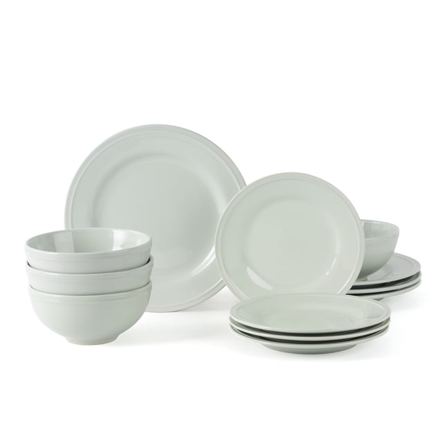 Mainstays Darby Green 12Piece Stoneware Dinnerware Set with four 10.5-inch dinner plates, four 8-inch salad plates, and four 6-inch bowls in soft green stoneware, dishwasher and microwave safe, suitable for everyday meals and casual entertaining.