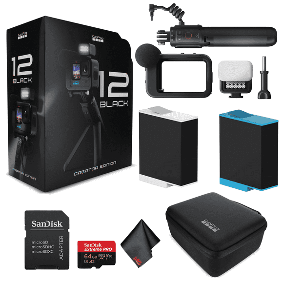 GoPro HERO 12 Creator Edition - with Volta (Battery Grip, Tripod, Remote), Media Mod, Light Mod, Enduro Battery - Waterproof Action Camera + 64GB Extreme Pro Card and Extra Battery