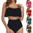 thumbnail image 1 of Jovati Beach Bikini Set for Women, Ruffled Tank Top with Removable Padded Bra and High-Waisted Bottom, Nylon Spandex Blend, Solid Color, Summer Swimwear, 1 of 7