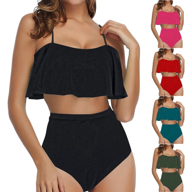 Jovati Beach Bikini Set for Women, Ruffled Tank Top with Removable Padded Bra and High-Waisted Bottom, Nylon Spandex Blend, Solid Color, Summer Swimwear
