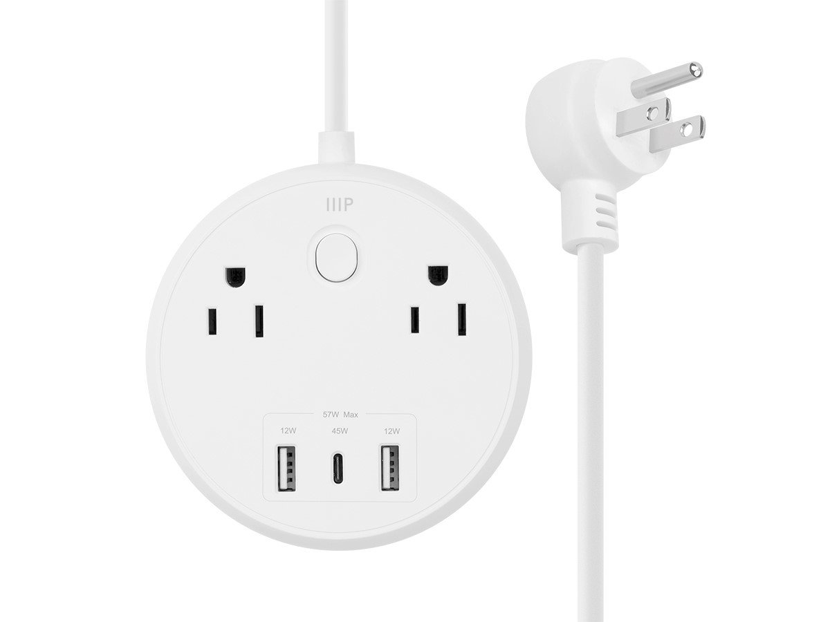 Monoprice USB-C Power Strip Pad - 2 Outlets and 3 USB 57W (2x 12W USB-A 1x 45W USB-C) with 5-Foot Extension Cord, Compac
