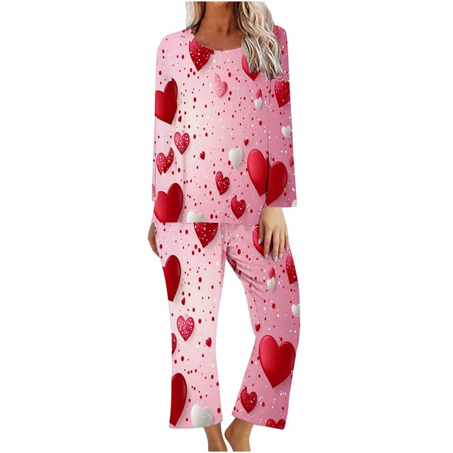 TIMIFIS Valentines Day Pyjamas Femme - Ensembles de Pyjama pour Femme 2 Pcs - Haut à Manches Longues Décontracté à Col Ras du Cou et Pantalon Ensembles de Pjs Vêtements de Nuit Vêtements de Détente