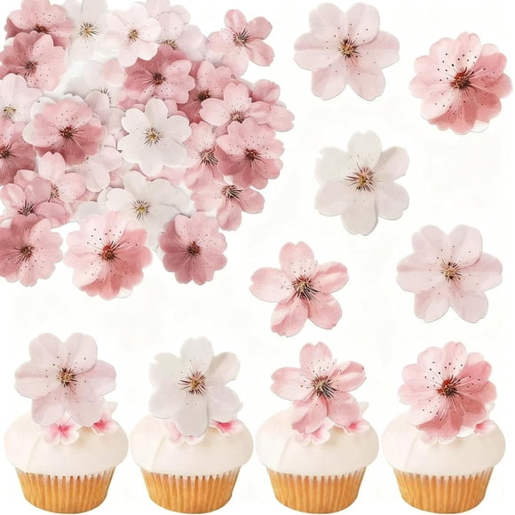 Larfraecy 50Pcs Edible Flowers for Cakes Cherry Blossoms Cupcake Toppers Edible Wafer Paper Flower Cake Decorations Pink Sakura Cake Topper for Wedding Baby Shower Birthday Party Supplies