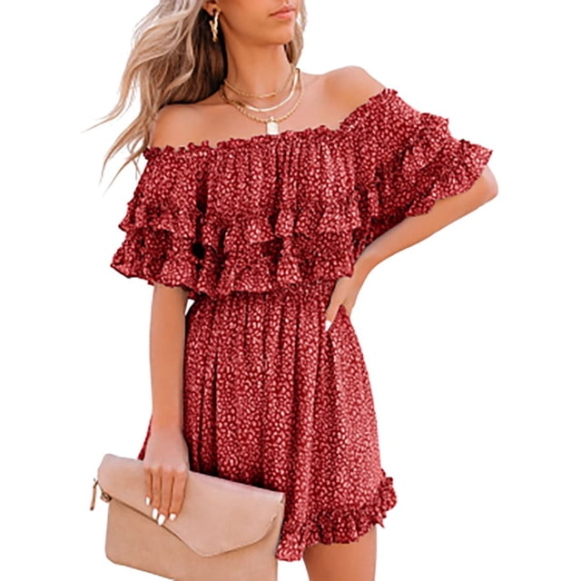 Women‘s Summer Off Shoulder Dress Pleated Flowy Neck Belt Printed Dress