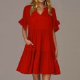 thumbnail image 2 of Robe Midi Évasée à Étages Décontractée pour Femmes, à Volants, Manches Courtes, Col en V, Ligne A, Ample, Robes d'Été Fluides, Robe Chemise Évasée Mini avec Poches, 2 of 6