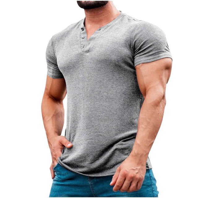CHGBMOK Mens T-shirts Solid Color Leisure Button Motion Breathable Short Sleeve Round-Neck Blouses Sizes S-3XL