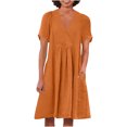 thumbnail image 1 of Swstbby Liquidation d'Économies d'Été! Robe d'Été pour Femmes, Robe Décontractée Ample Mode Rétro en Coton et Lin à Manches Courtes, Col en V, Plissée, Orange P, 1 of 5