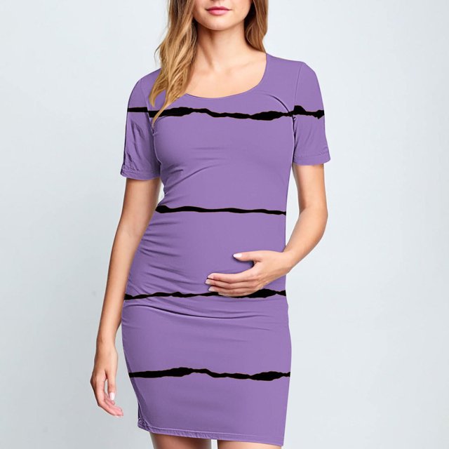 Ovzne Robes pour Femmes Robe de Plage Femme à la Mode Imprimée Plissée Jupe de Maternité à Manches Courtes Col Rond Robe Mi-Mollet Grande Taille Robe Maxi à Manches Courtes Imprimée Liquidation