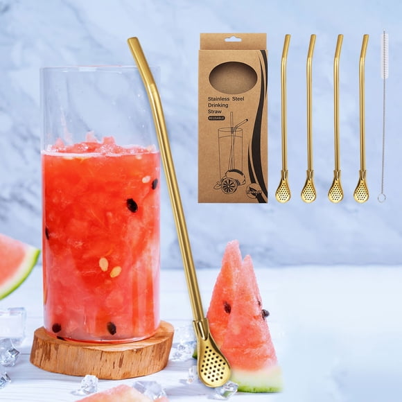 Cuillère-paille en Acier Inoxydable, Cuillère-Paille Réutilisable, Paille 3-en-1 avec Filtre et Cuillère, Agitateur de Boisson de 7,1 Po pour Thé au Lait, Jus, Café, Comprend 4 Pailles et 1 Brosse